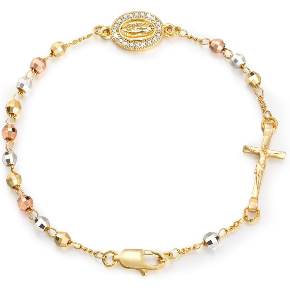 Catholic Crucifix Gifts Rosary Bracelet For Women-14k Gold Plated Virgin Mary Je